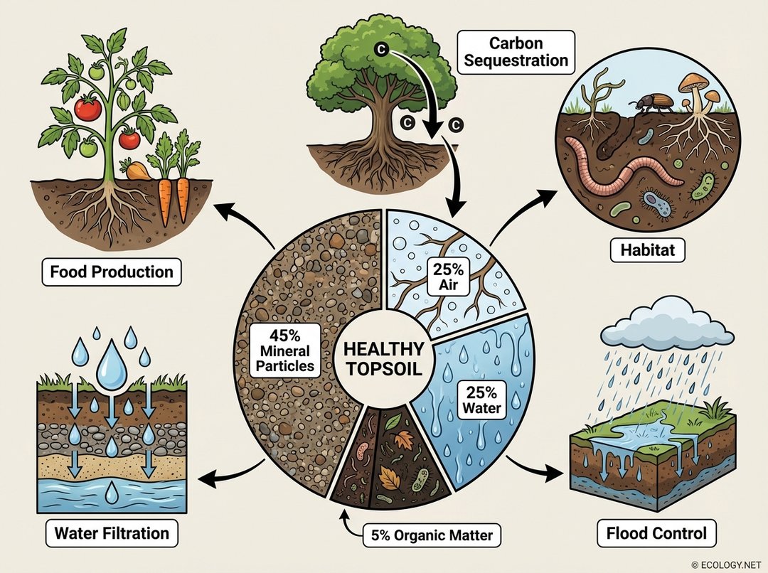 Diagram illustrating healthy soil composition (mineral, water, air, organic matter) and its functions like food production, water filtration, carbon sequestration, habitat, and flood control.