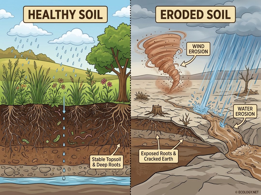 Diagram contrasting healthy soil with lush vegetation and stable topsoil against eroded soil showing barren land, wind erosion, water runoff, and exposed roots.