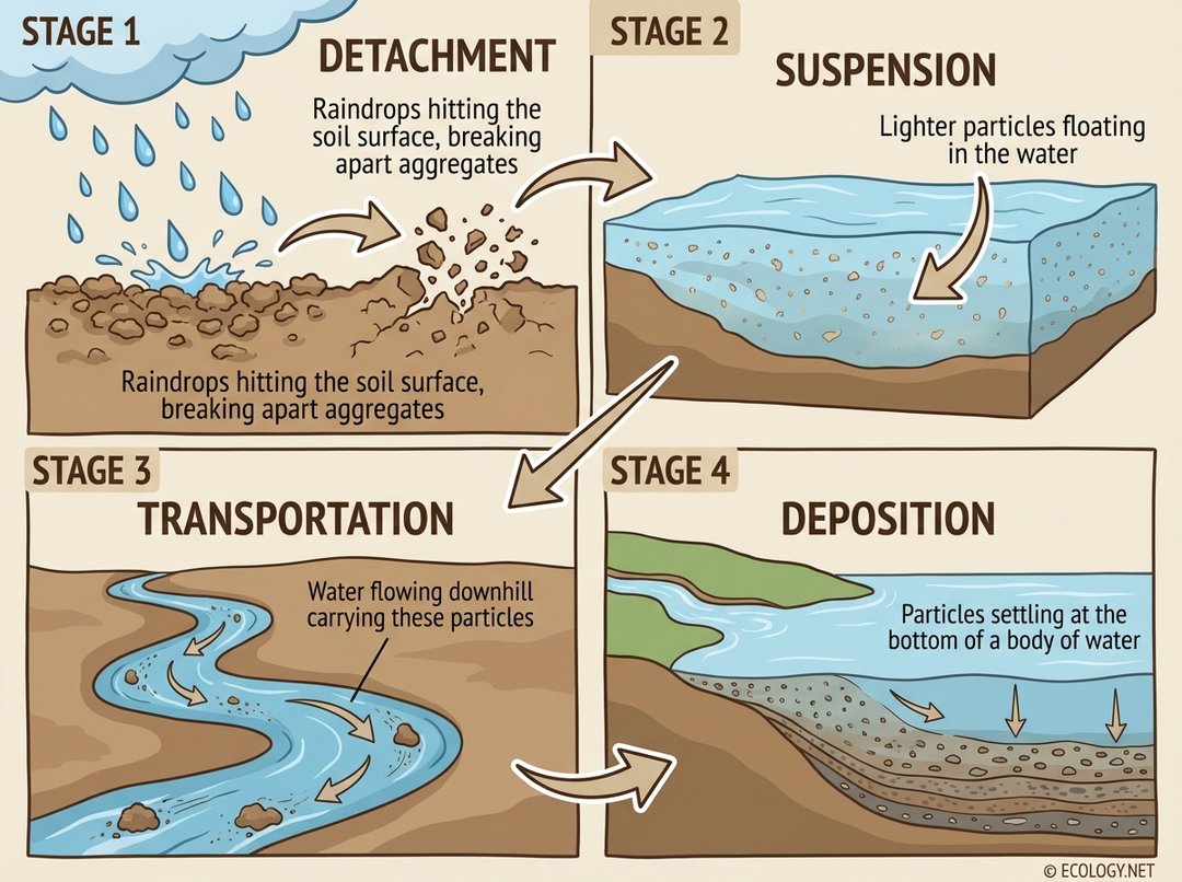 An illustrative diagram depicting the four stages of soil erosion by water: Detachment, Suspension, Transportation, and Deposition.