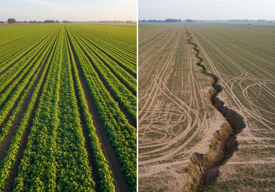 Split-screen image showing a healthy, cultivated field on the left and the same field with visible sheet and rill erosion after a heavy rainstorm on the right.