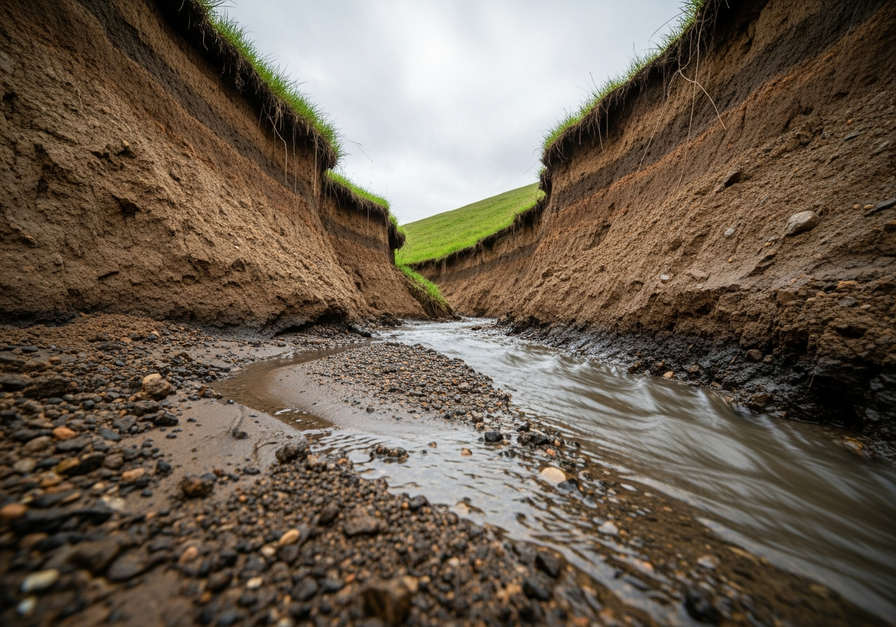 Ground-level view looking up into a steep gully with deeply eroded walls, exposed bare soil, and a thin stream carrying sediment.