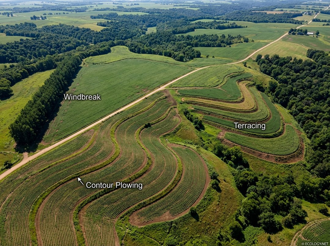 An aerial view of a healthy agricultural landscape demonstrating erosion control measures including contour plowing, terracing, and a windbreak of trees.