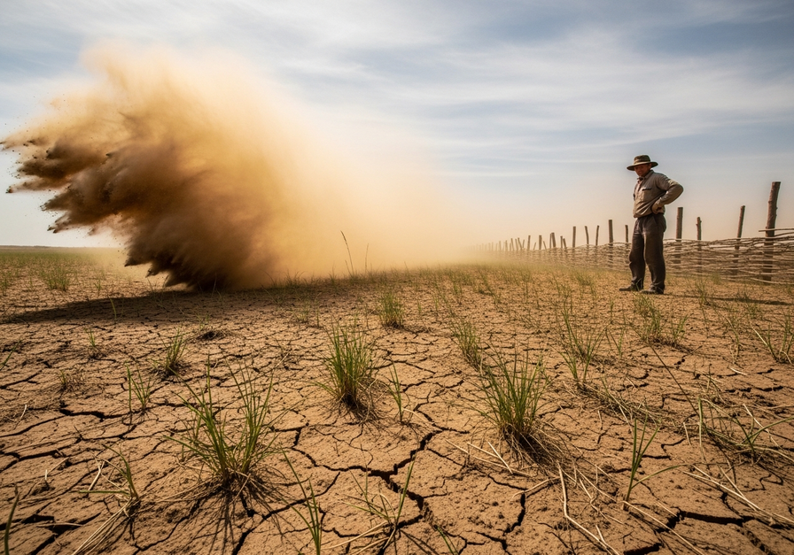 High-resolution photograph of an arid field with sparse vegetation, showing a visible dust plume as wind lifts loose sandy soil, with a farmer and windbreak fence in the background.