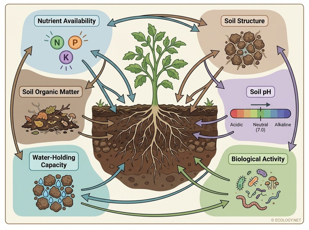 Diagram illustrating the six key components of soil fertility: Nutrient Availability, Soil Structure, Soil Organic Matter, Soil pH, Water-Holding Capacity, and Biological Activity, all supporting a plant root system.