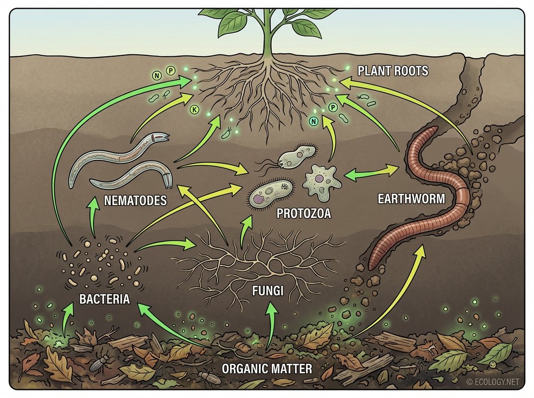 Diagram depicting the soil food web, showing organic matter, bacteria, fungi, nematodes, protozoa, and an earthworm interacting to cycle nutrients for plant growth.