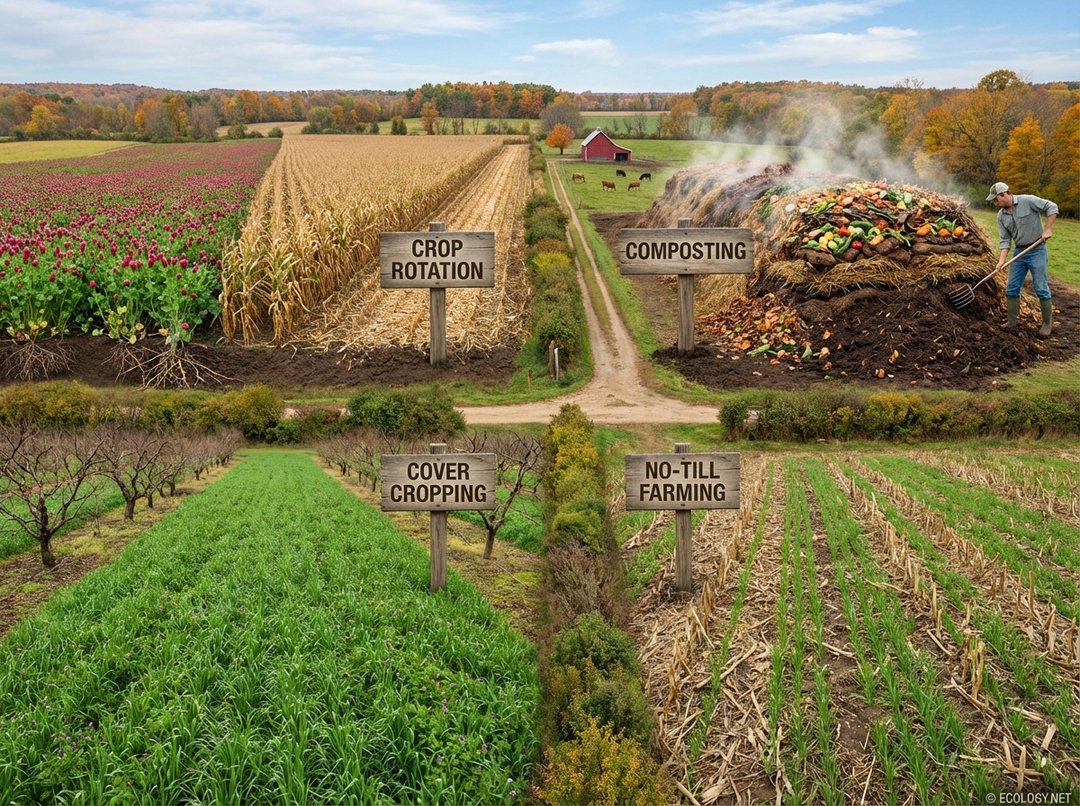 Agricultural landscape showcasing four practices for improving soil fertility: crop rotation, composting, cover cropping, and no-till farming.