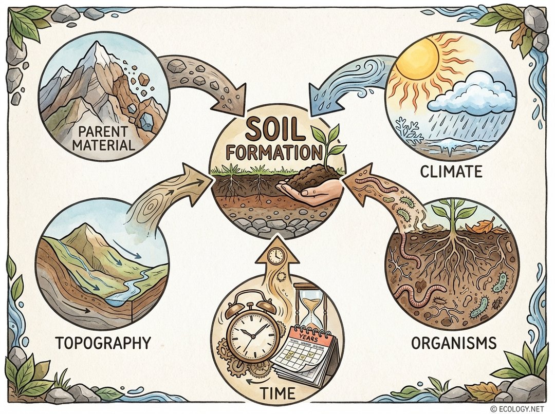 Diagram illustrating the five interconnected factors of soil formation: Parent Material, Climate, Topography, Organisms, and Time, all pointing towards 'Soil Formation' in the center.