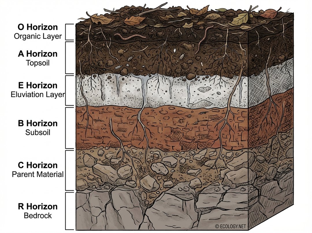 Cross-section diagram of a typical soil profile, clearly showing and labeling the O, A, E, B, C, and R horizons with their descriptive names.