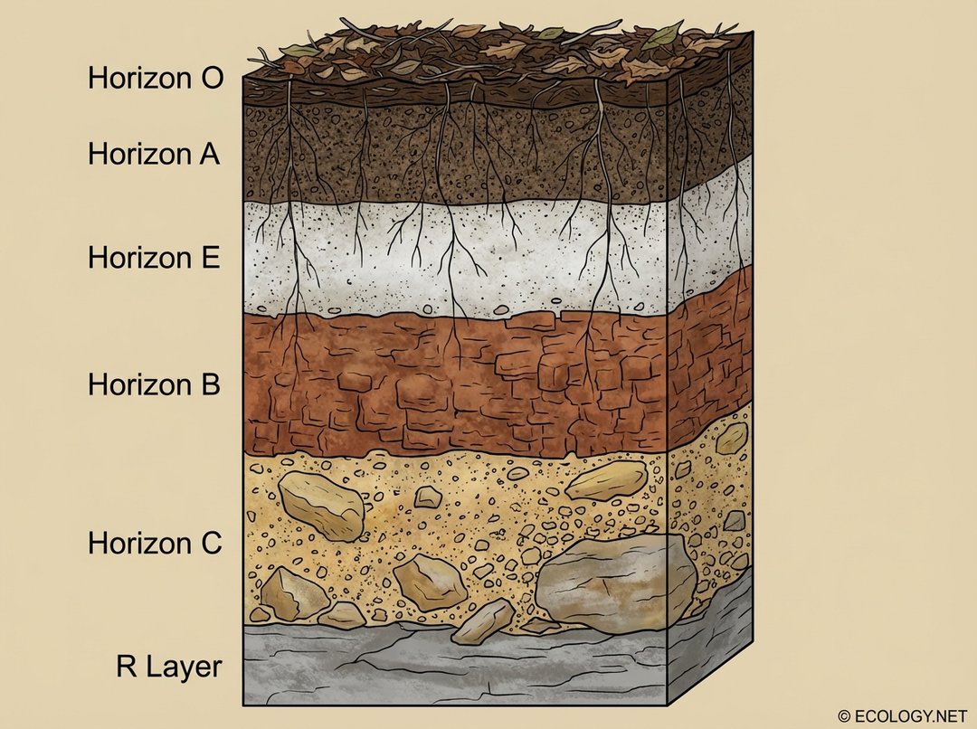 Illustrative diagram showing a vertical soil profile with distinct layers labeled Horizon O, A, E, B, C, and R Layer.