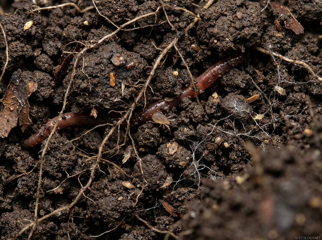 Close-up photo of rich, dark brown topsoil (Horizon A) with plant roots, earthworms, and small soil organisms.