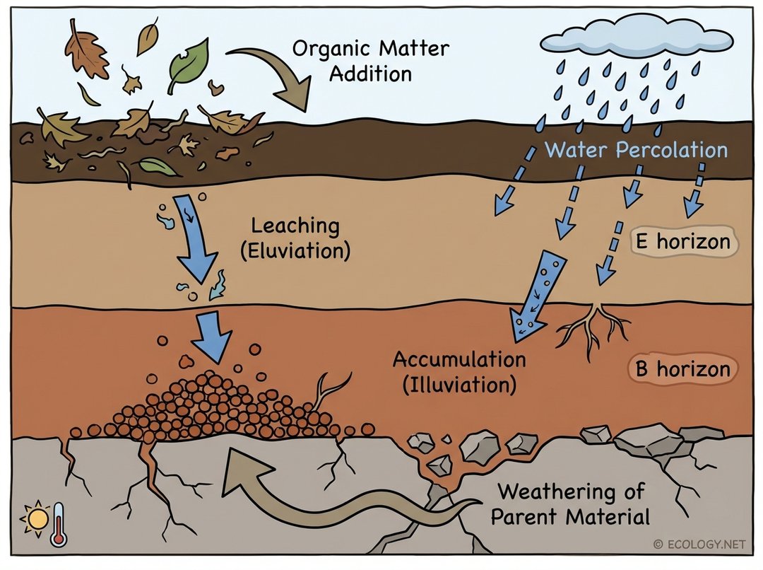 Diagram illustrating soil formation processes including organic matter addition, leaching, accumulation, and weathering of parent material.