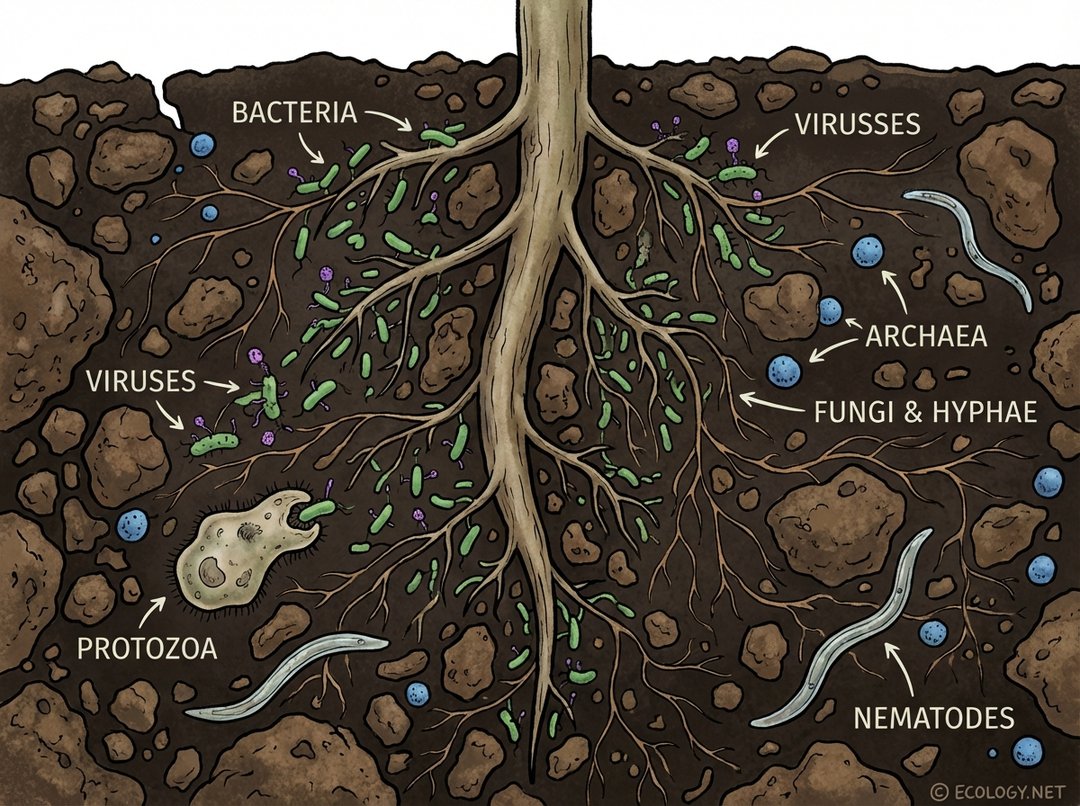 Illustrative diagram showing diverse microorganisms like bacteria, fungi, archaea, viruses, protozoa, and nematodes in a soil cross-section with a plant root, highlighting their interactions.
