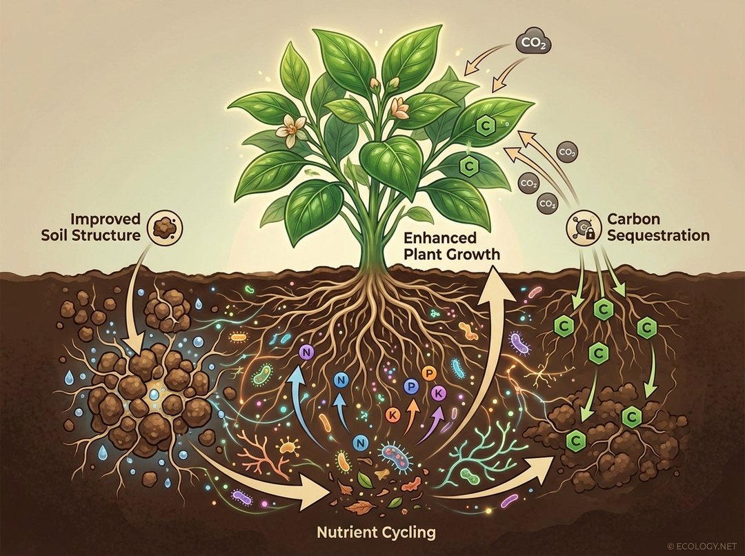 Diagram illustrating key functions of a healthy soil microbiome, including nutrient cycling, enhanced plant growth, improved soil structure, and carbon sequestration.