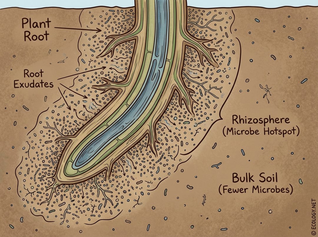 Diagram detailing the rhizosphere effect, showing a high concentration of microbes around a plant root due to root exudates compared to bulk soil.