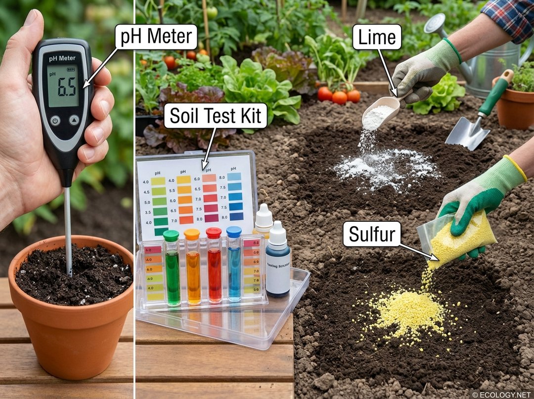 Photo depicting practical methods for measuring soil pH with a digital meter and test kit, and adjusting it with lime and sulfur.