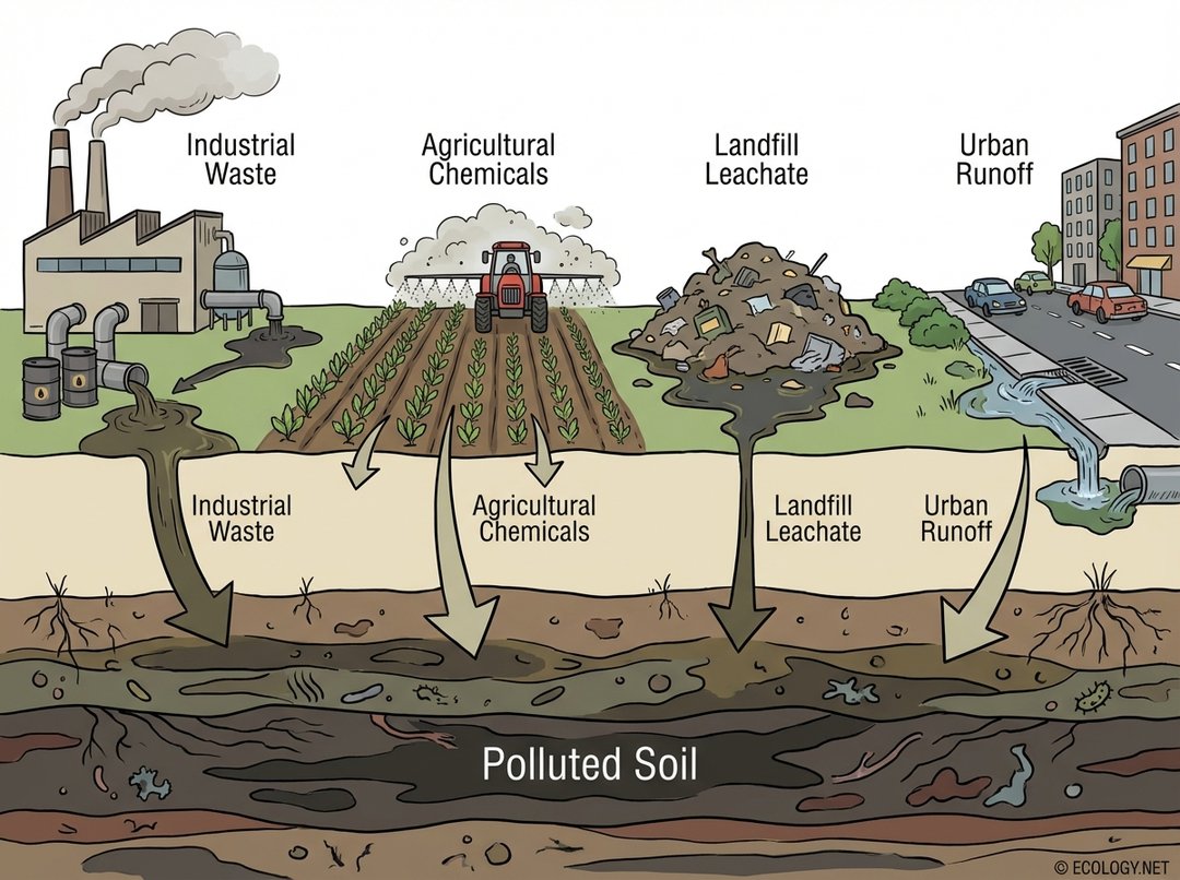 An illustrative diagram showing various human activities like factories, farms, landfills, and urban runoff polluting soil.