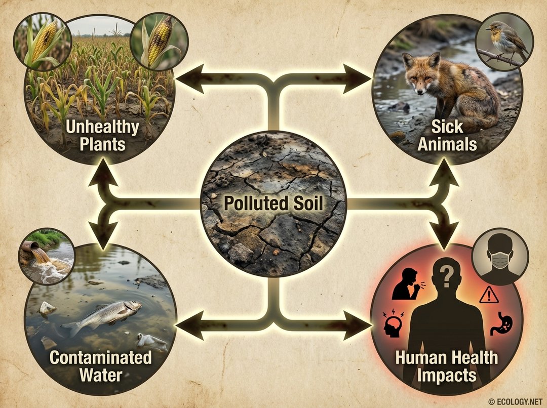 A diagram illustrating the cascading impacts of soil pollution, showing unhealthy plants, sick animals, contaminated water, and human health issues radiating from polluted soil.