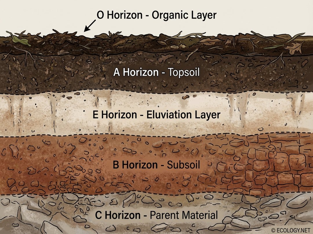 Diagram illustrating major soil horizons: O, A, E, B, and C layers.
