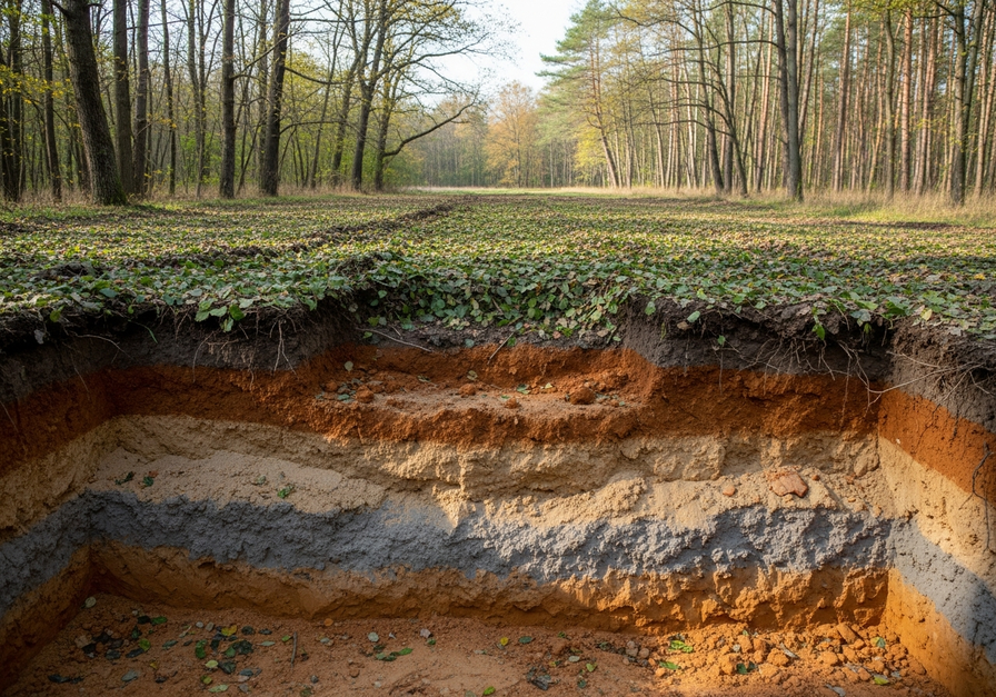 A freshly excavated trench revealing distinct soil horizons in a forest setting.