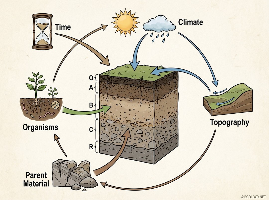 Infographic showing the five soil forming factors: parent material, climate, topography, organisms, and time, influencing a soil profile.