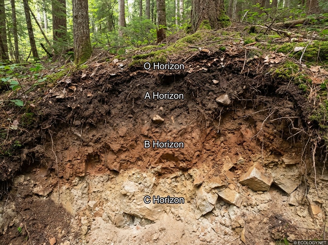 Photo of a real-world soil profile showing distinct O, A, B, and C horizons in a natural setting.
