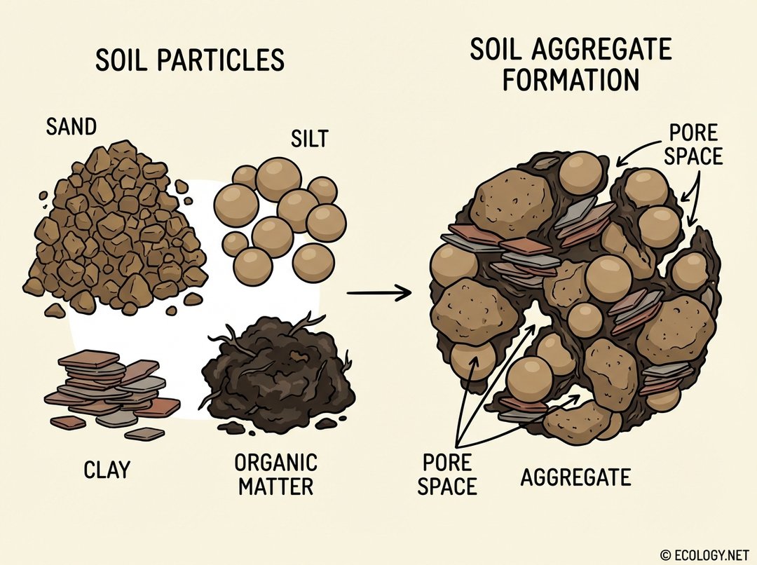 Diagram illustrating how sand, silt, clay, and organic matter combine to form soil aggregates with pore spaces.