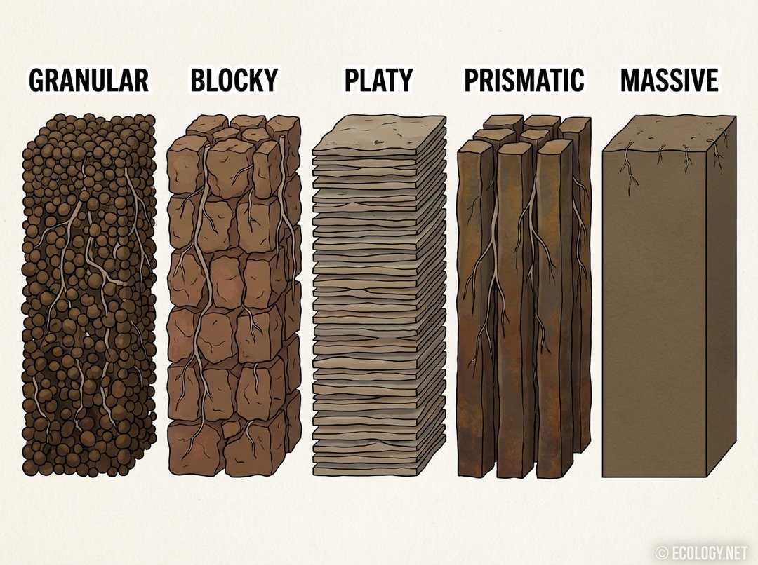 Diagram comparing five common types of soil structure: granular, blocky, platy, prismatic, and massive.