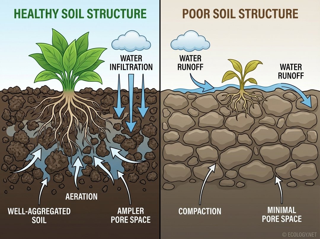 Illustrative comparison of healthy soil structure with deep roots and good water infiltration versus poor, compacted soil with shallow roots and water runoff.