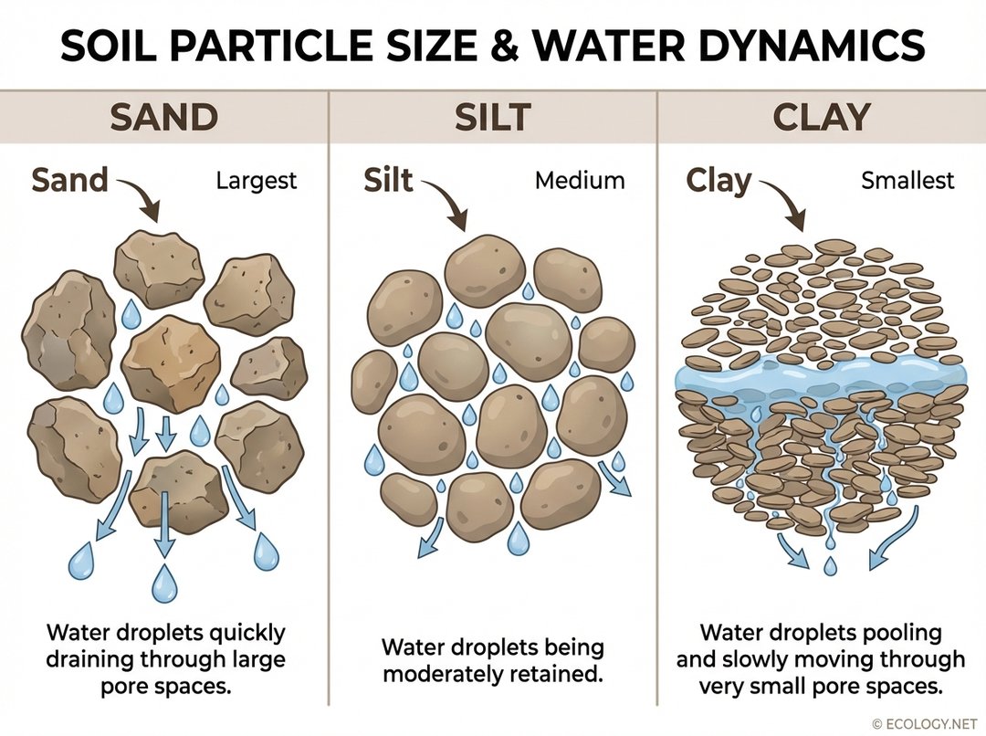 Diagram comparing sand, silt, and clay particle sizes and their impact on water drainage.