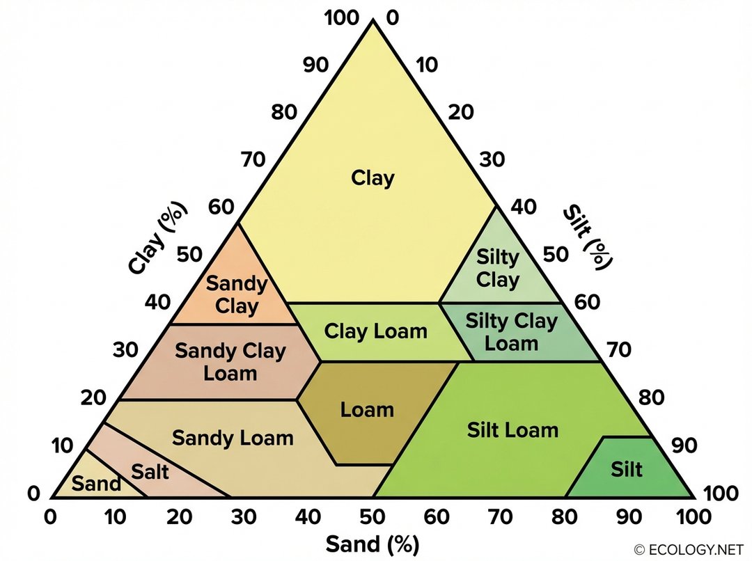 Standard soil texture triangle diagram showing classification based on sand, silt, and clay percentages.