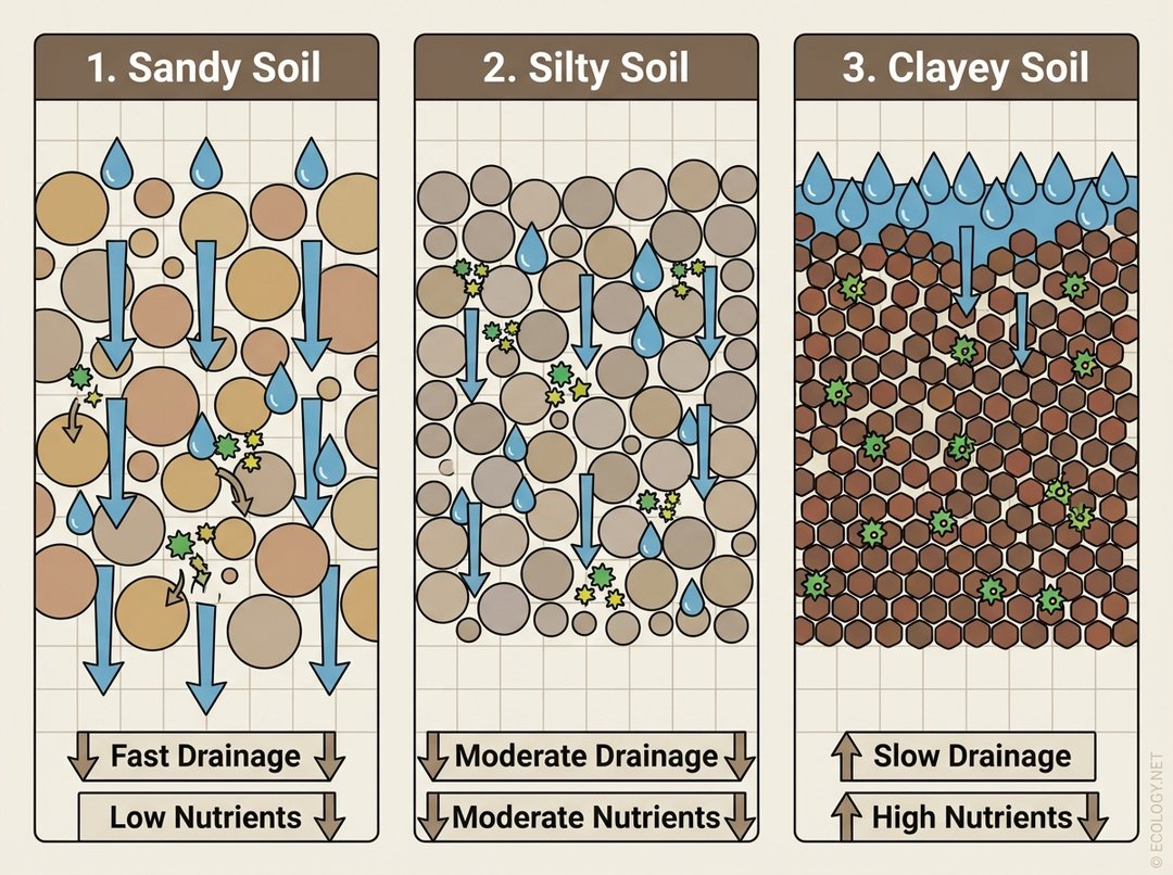 Illustrative diagram showing the impact of sandy, silty, and clayey soils on water drainage and nutrient retention.