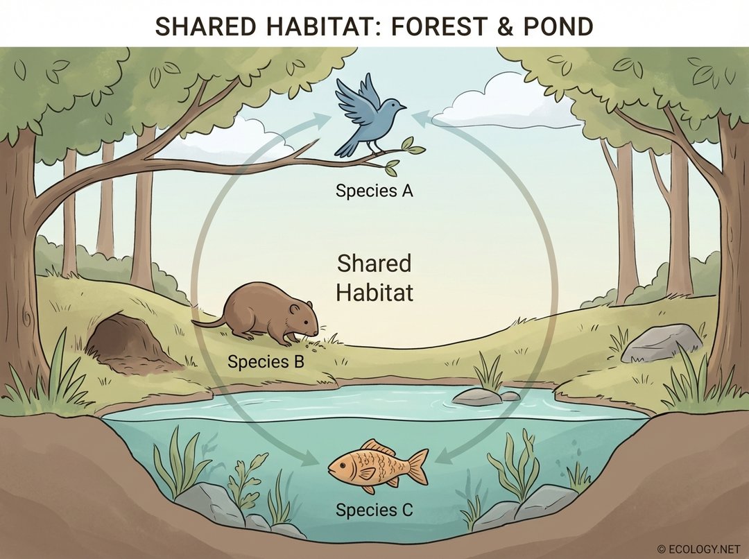 Diagram showing three distinct animal species (bird, fish, mammal) occupying different zones within a shared forest and pond habitat, labeled Species A, B, C, and Shared Habitat.