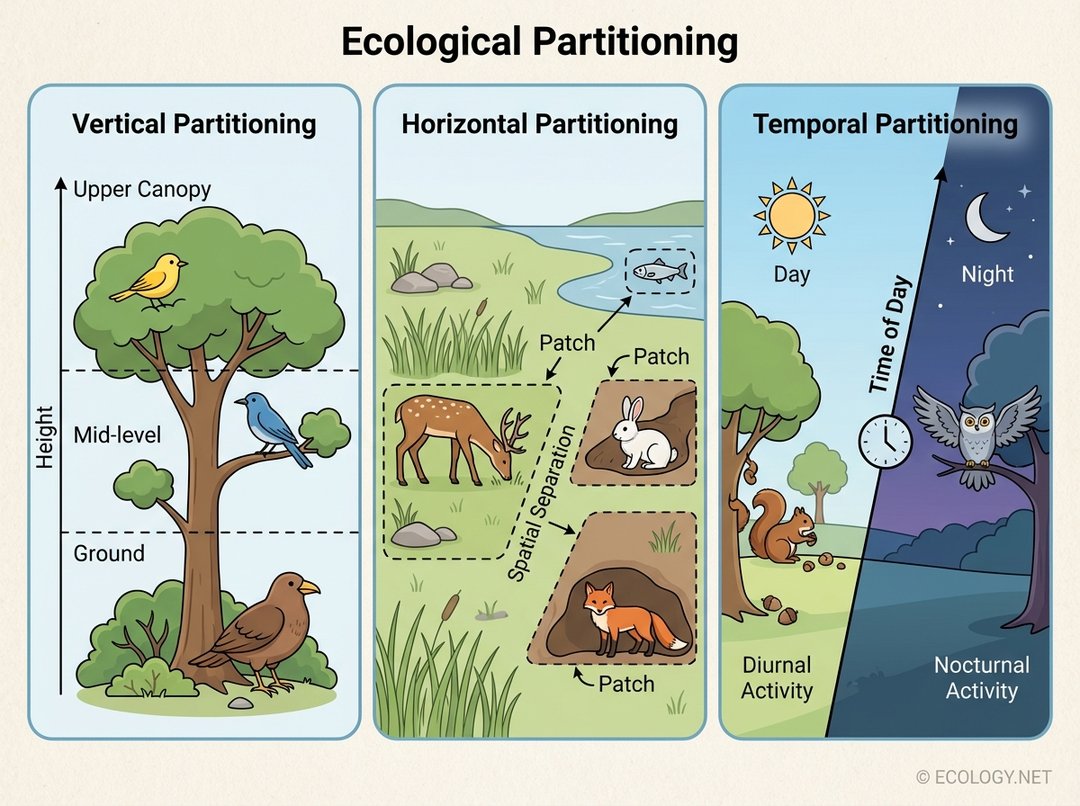 Illustrative diagram with three panels depicting vertical partitioning (birds at different tree heights), horizontal partitioning (animals in different grassland patches), and temporal partitioning (diurnal squirrel, nocturnal owl).