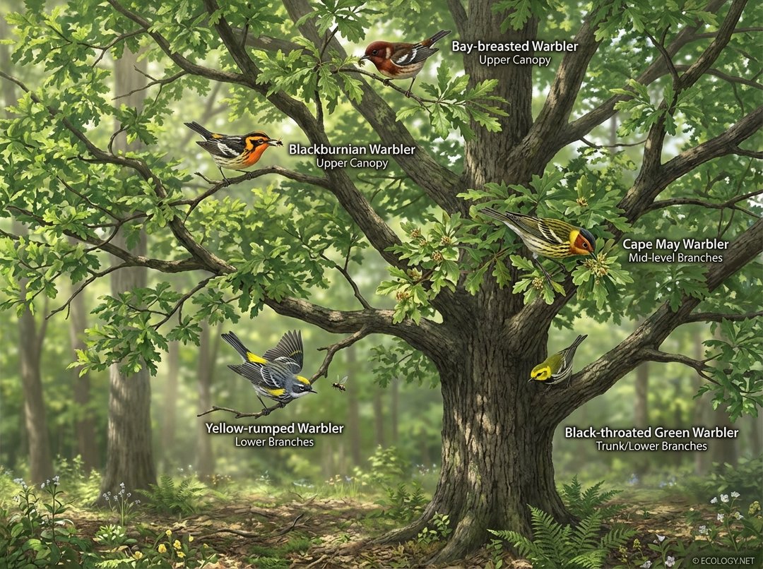 Photo-realistic illustration of five warbler species (Bay-breasted, Blackburnian, Cape May, Yellow-rumped, Black-throated Green) foraging in distinct vertical zones of a large deciduous tree, labeled with their names and zones.