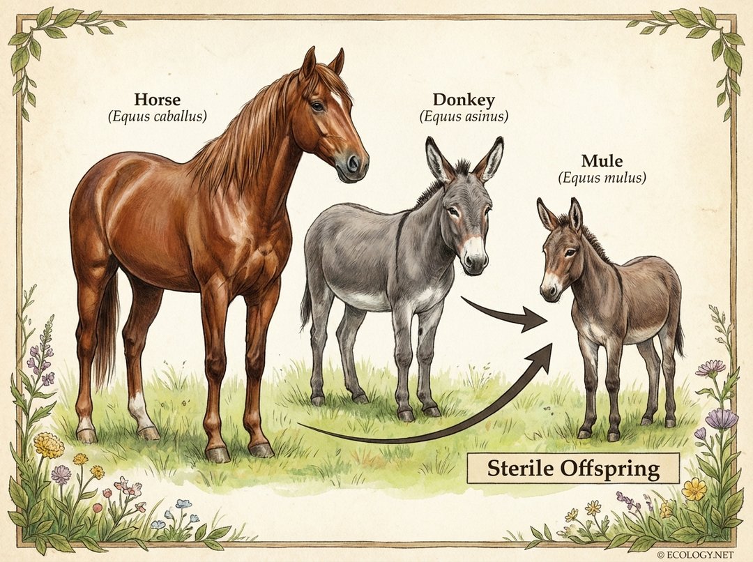 Illustration showing a horse and a donkey producing a sterile mule, demonstrating the biological species concept and reproductive isolation.