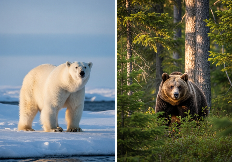 Polar and Brown Bears – A Hybrid Boundary: A split-screen image showing a polar bear on a snowy shoreline and a brown bear in a dense forest, illustrating species hybridization.