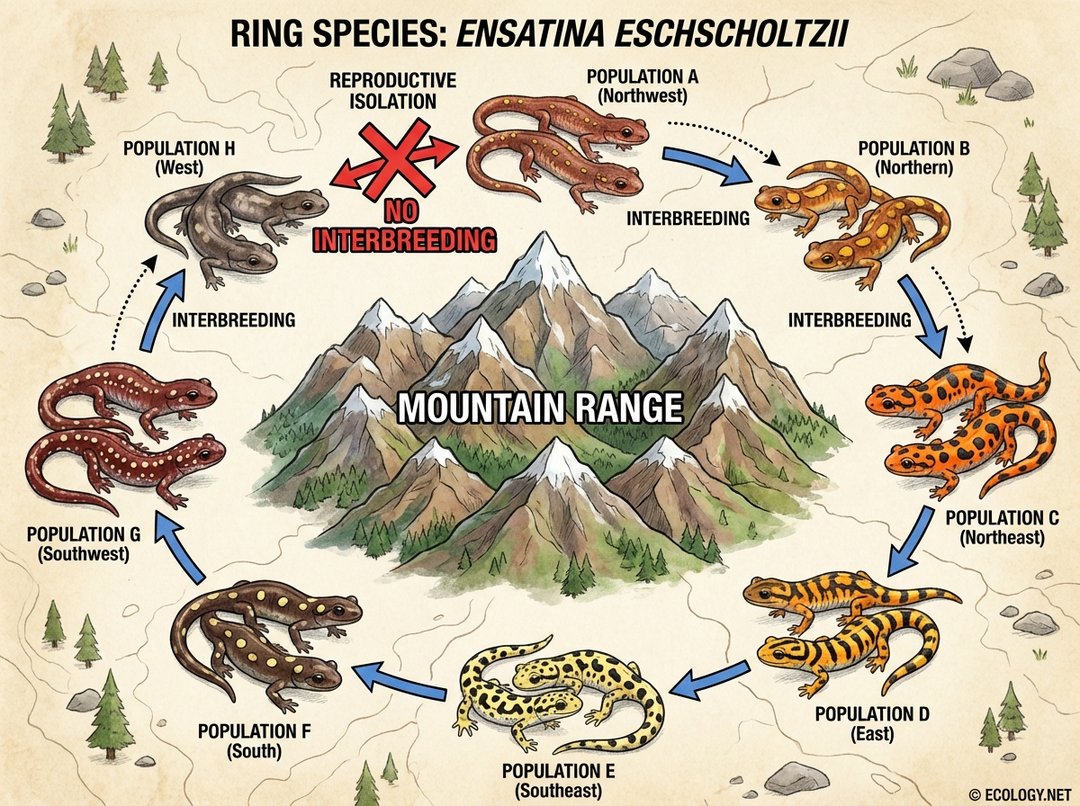 Diagram illustrating a ring species, with salamander populations gradually changing around a mountain, showing interbreeding between adjacent groups but no interbreeding at the ends of the ring.