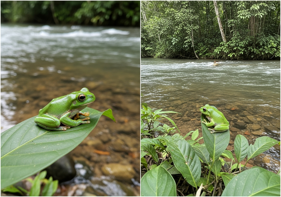 Allopatric Speciation – Frogs Split by a River: A split-screen image showing identical green tree frogs on opposite banks of a fast-moving river, illustrating geographic separation.