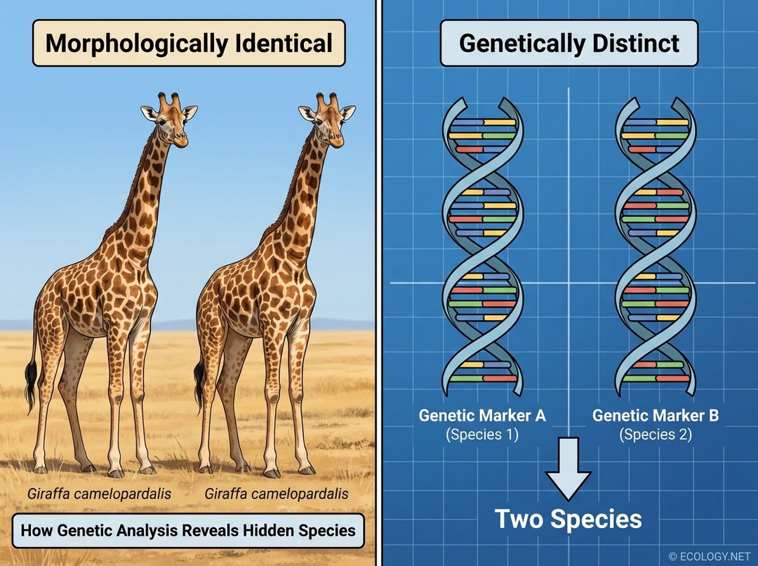 Split panel image showing two identical-looking giraffes on the left, and genetic markers on the right indicating they are two distinct cryptic species.