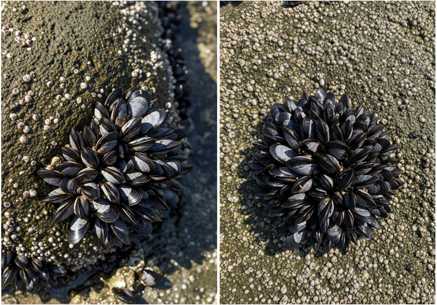 Cryptic Species – Identical Mussels on a Rocky Shore: A split-screen image showing two clusters of visually indistinguishable mussels on a rocky shoreline, highlighting cryptic differentiation.