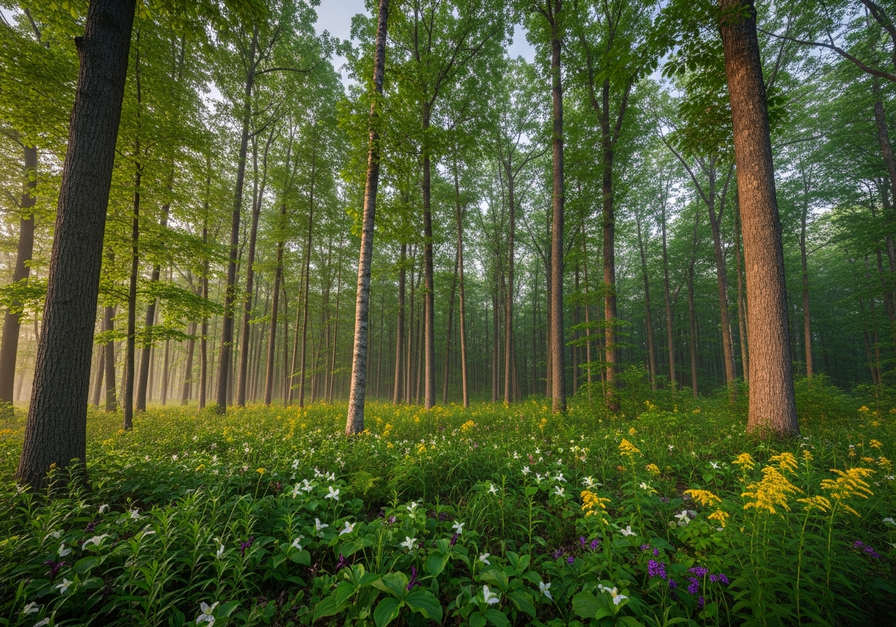 A wide-angle, sunrise-lit photograph of an old-growth temperate forest. The canopy is a patchwork of oak, maple, birch, and chestnut trees of comparable height and density, with a diverse understory of shrubs, ferns, and wildflowers evenly distributed.