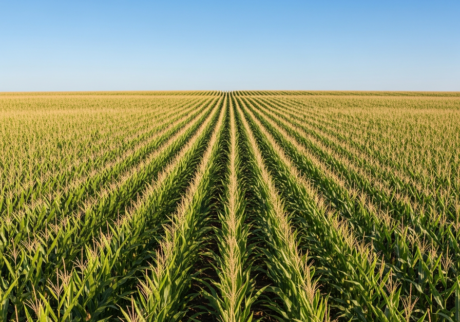 A panoramic, midday shot of a sprawling cornfield. Rows of corn stand uniformly tall and evenly spaced, with the field largely devoid of other vegetation, emphasizing the dominance of a single species.