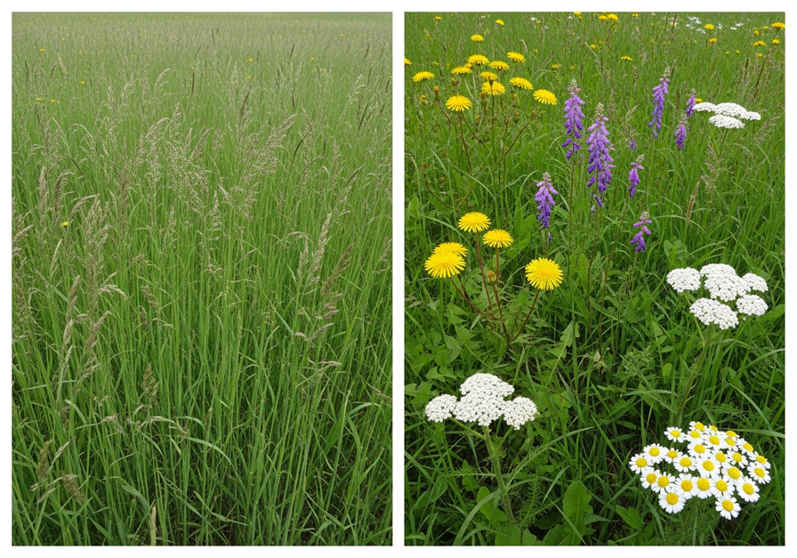 Split-screen image showing two meadows. The left side is dominated by a single tall grass species, indicating low species evenness. The right side shows a balanced mix of five different plant species, illustrating high species evenness.