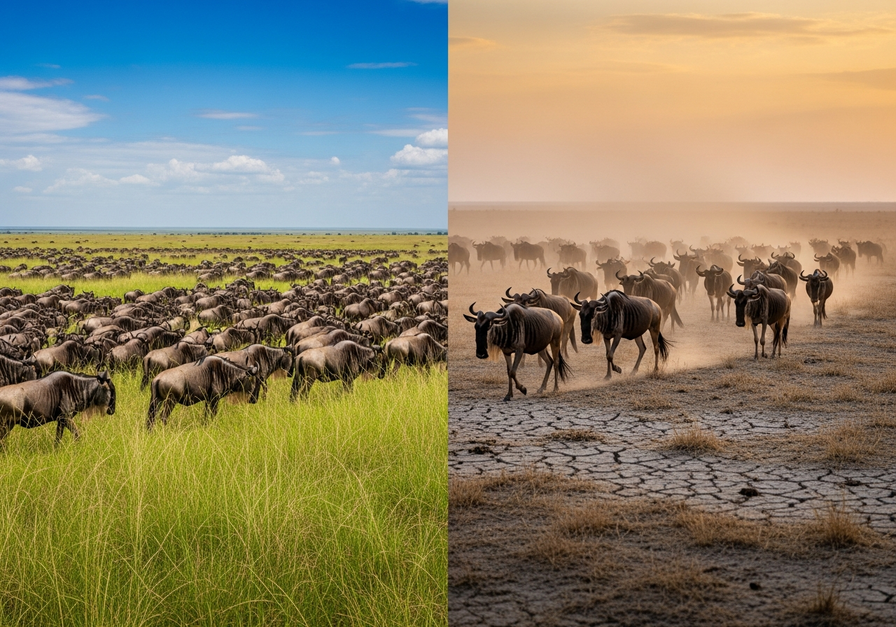 Split-screen image showing wildebeest in lush green plains on the left and dry, cracked savanna on the right, illustrating seasonal migration driven by food availability.