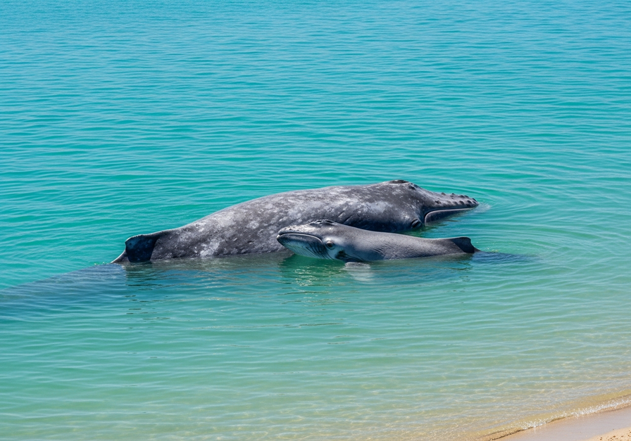 A mother gray whale and her calf resting in warm, turquoise waters in Baja California, depicting their breeding grounds after a long migration.