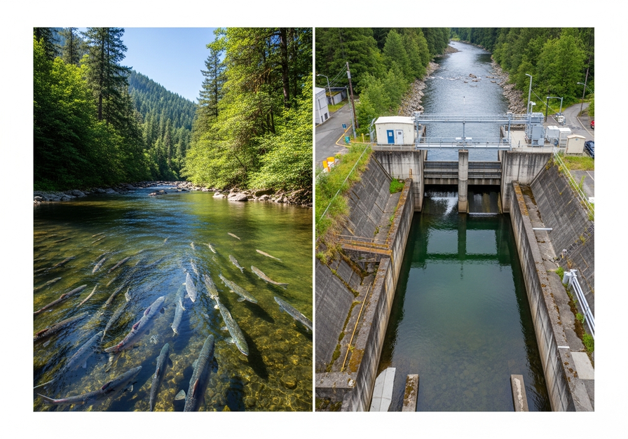 Split-screen image showing a salmon swimming freely upstream on the left and a concrete dam blocking its path on the right, highlighting the impact of artificial barriers on migration.
