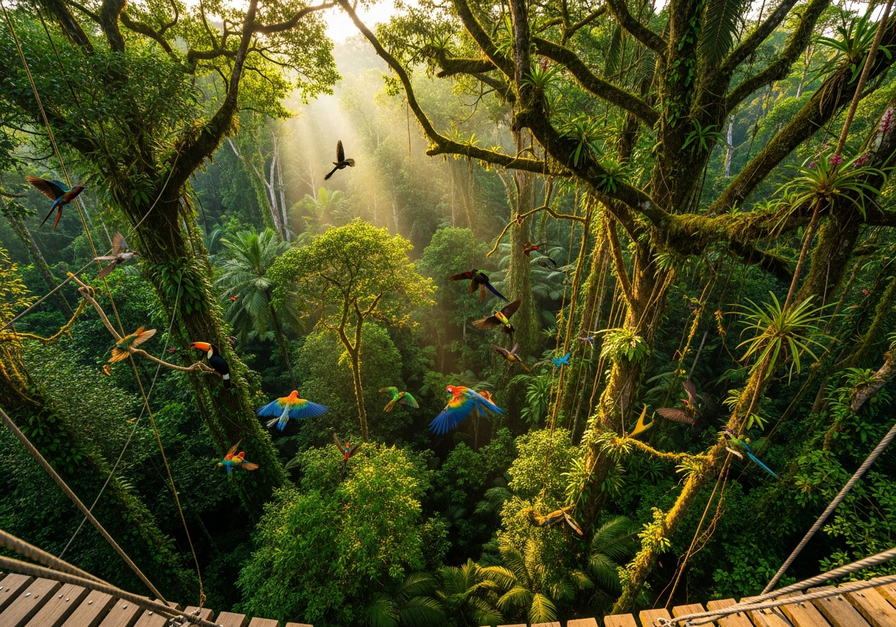 Dense tropical rainforest canopy with diverse trees, lianas, epiphytes, and birds in flight, viewed from a canopy walk.