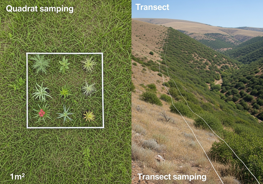 Split-screen image showing a quadrat frame in grassland on the left and a transect line across a changing landscape on the right, illustrating species richness measurement.