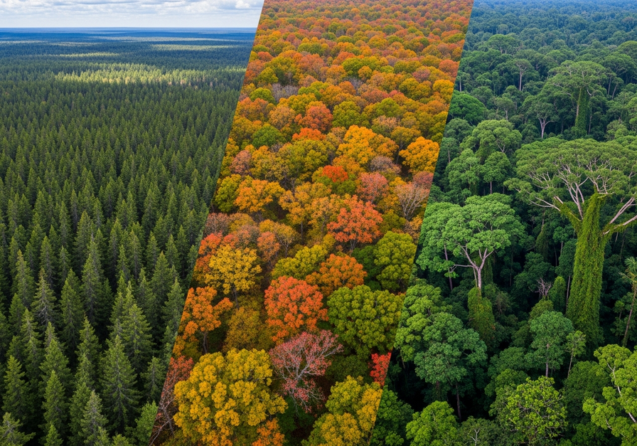 Panoramic view of three distinct forest types side by side: boreal, temperate deciduous, and tropical rainforest, showcasing different scales of biodiversity.