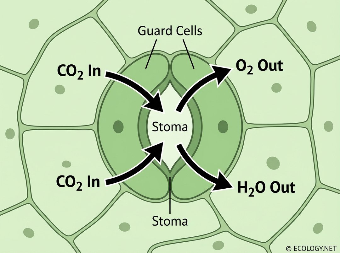 Illustrative diagram of a single stoma on a plant leaf surface, showing guard cells, central pore, CO2 entering, and O2/H2O exiting.